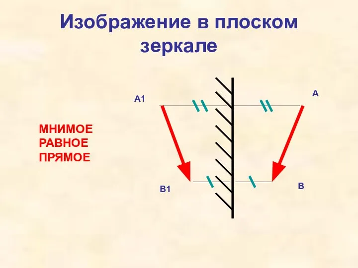 Изображение в плоском зеркале А В1 В А1 МНИМОЕ РАВНОЕ ПРЯМОЕ