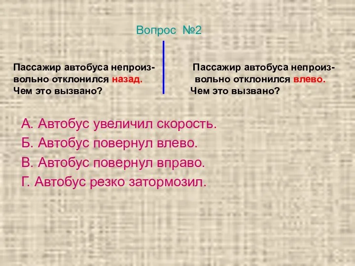 Пассажир автобуса непроиз- Пассажир автобуса непроиз- вольно отклонился назад. вольно отклонился