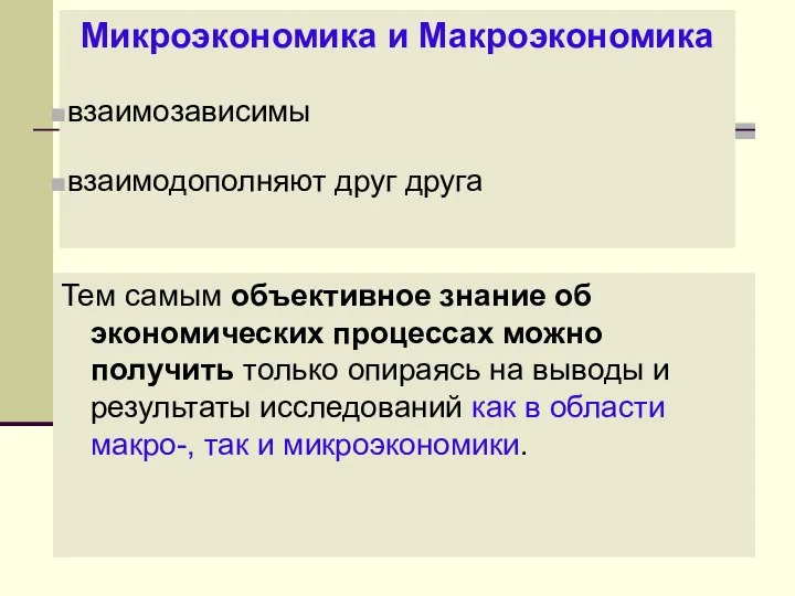 Микроэкономика и Макроэкономика взаимозависимы взаимодополняют друг друга Тем самым объективное знание