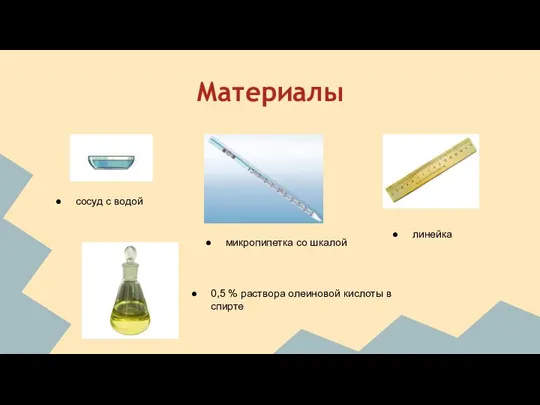 Материалы сосуд с водой микропипетка со шкалой линейка 0,5 % раствора олеиновой кислоты в спирте