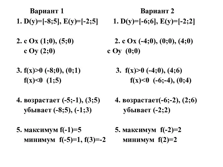 Вариант 1 Вариант 2 1. D(y)=[-8;5], E(y)=[-2;5] 1. D(y)=[-6;6], E(y)=[-2;2] 2.