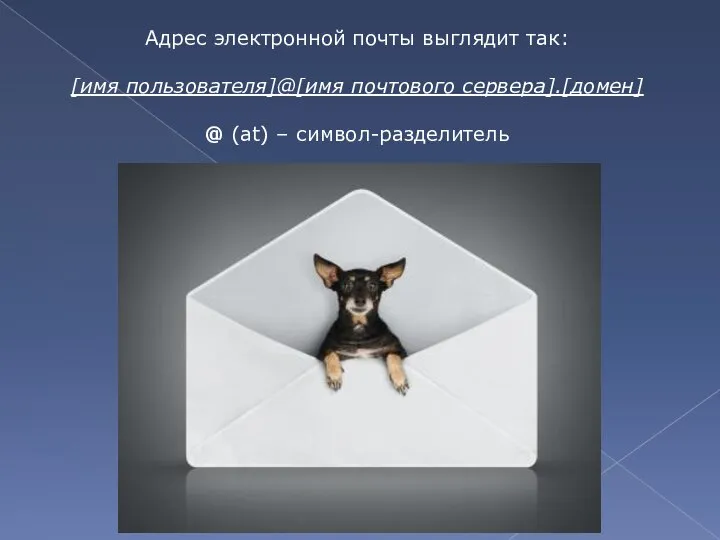Адрес электронной почты выглядит так: [имя пользователя]@[имя почтового сервера].[домен] @ (at) – символ-разделитель