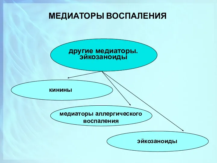 МЕДИАТОРЫ ВОСПАЛЕНИЯ другие медиаторы. эйкозаноиды кинины медиаторы аллергического воспаления эйкозаноиды