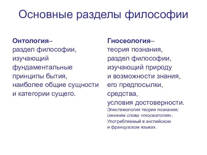 Основные разделы философии Онтология– раздел философии, изучающий фундаментальные принципы бытия, наиболее