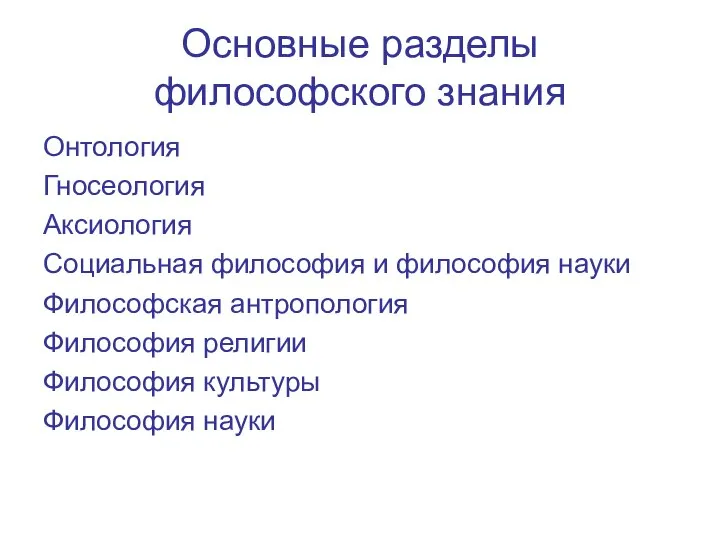 Основные разделы философского знания Онтология Гносеология Аксиология Социальная философия и философия