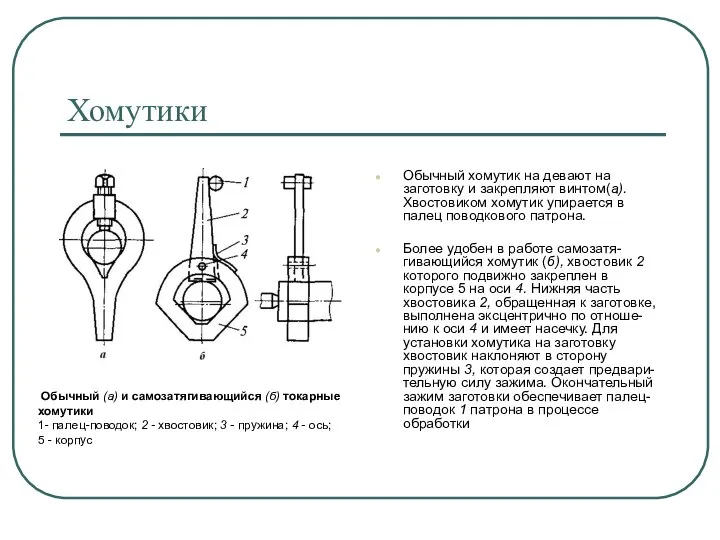 Хомутики Обычный хомутик на девают на заготовку и закрепляют винтом(а). Хвостовиком