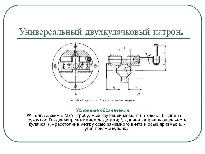 Универсальный двухкулачковый патрон. а - общий вид патрона; б - схема