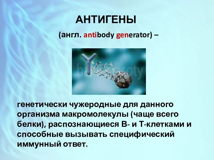 АНТИГЕНЫ (англ. antibody generator) – генетически чужеродные для данного организма макромолекулы