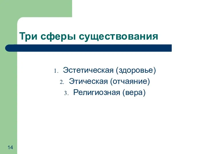 Три сферы существования Эстетическая (здоровье) Этическая (отчаяние) Религиозная (вера)