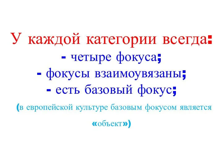 У каждой категории всегда: - четыре фокуса; - фокусы взаимоувязаны; -