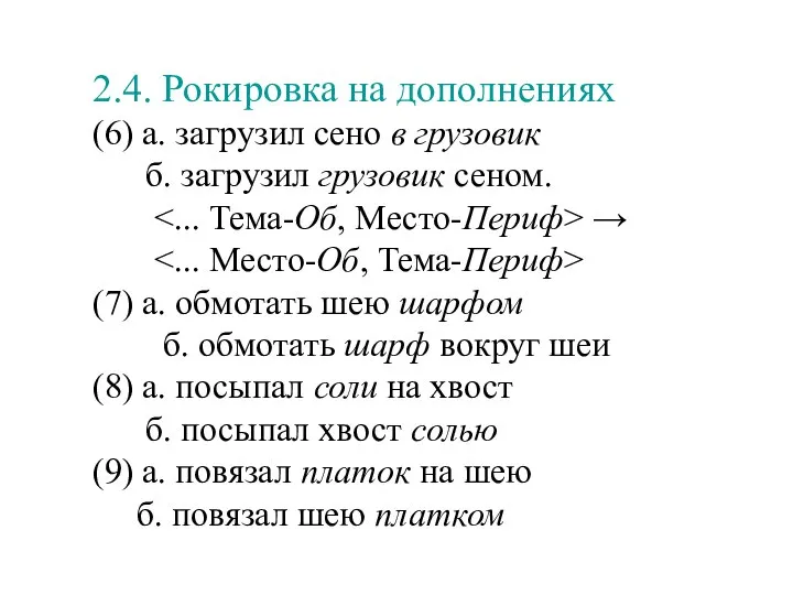 2.4. Рокировка на дополнениях (6) а. загрузил сено в грузовик б.