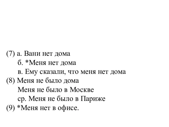 (7) а. Вани нет дома б. *Меня нет дома в. Ему