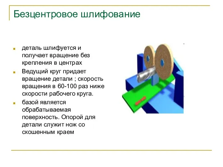 Безцентровое шлифование деталь шлифуется и получает вращение без крепления в центрах