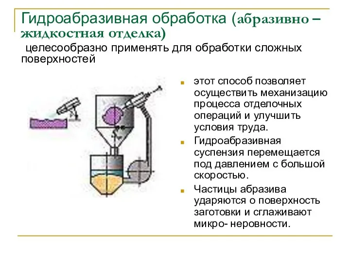 Гидроабразивная обработка (абразивно – жидкостная отделка) целесообразно применять для обработки сложных