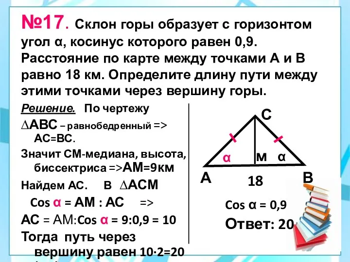 №17. Склон горы образует с горизонтом угол α, косинус которого равен