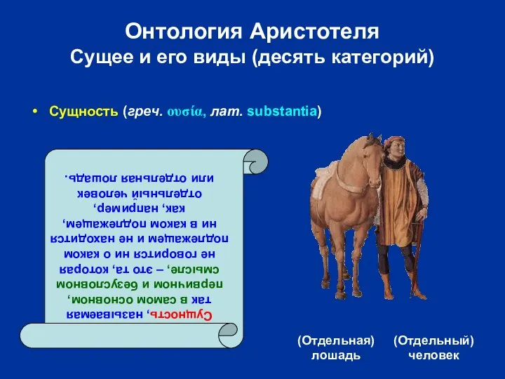 Онтология Аристотеля Сущее и его виды (десять категорий) (Отдельная) лошадь (Отдельный)