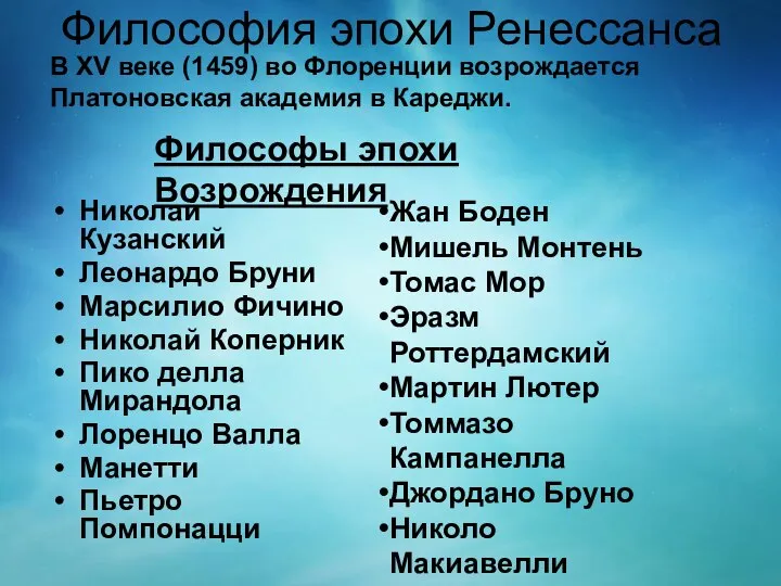 Философия эпохи Ренессанса Николай Кузанский Леонардо Бруни Марсилио Фичино Николай Коперник