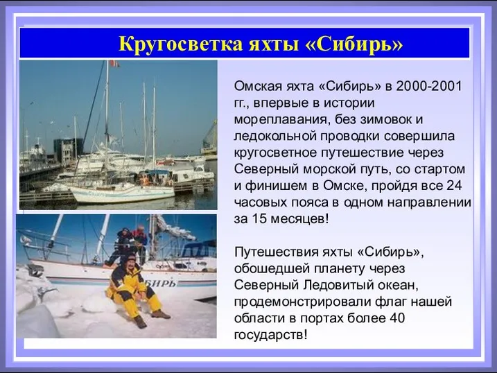 Омская яхта «Сибирь» в 2000-2001 гг., впервые в истории мореплавания, без