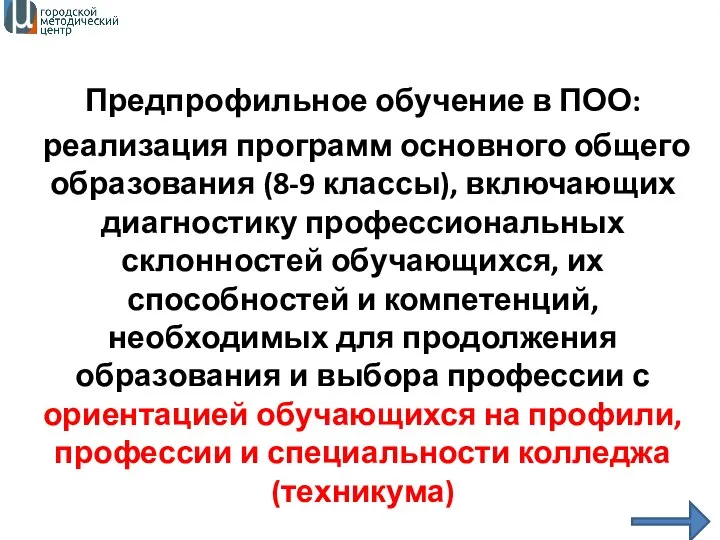 Предпрофильное обучение в ПОО: реализация программ основного общего образования (8-9 классы),