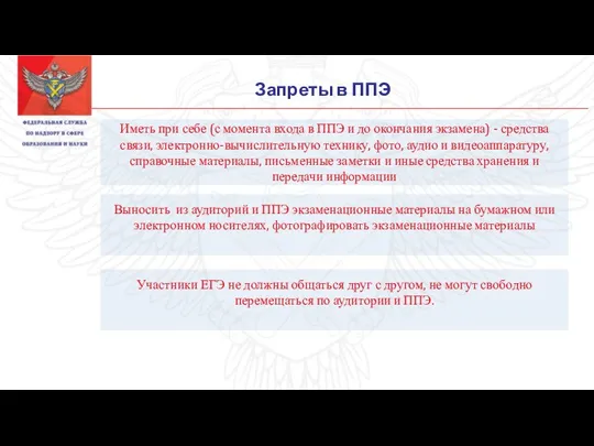 Запреты в ППЭ Иметь при себе (с момента входа в ППЭ