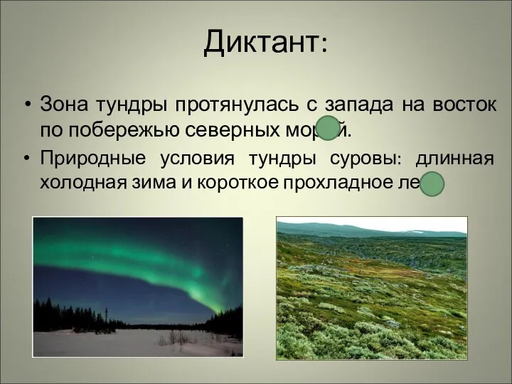Диктант: Зона тундры протянулась с запада на восток по побережью северных