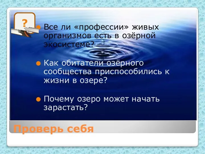 Проверь себя Все ли «профессии» живых организмов есть в озёрной экосистеме?