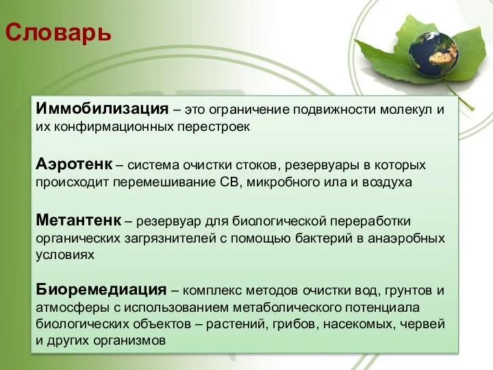 Словарь Иммобилизация – это ограничение подвижности молекул и их конфирмационных перестроек