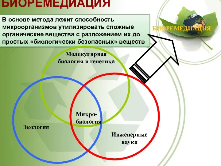 БИОРЕМЕДИАЦИЯ В основе метода лежит способность микроорганизмов утилизировать сложные органические вещества