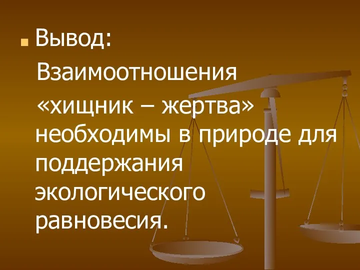 Вывод: Взаимоотношения «хищник – жертва» необходимы в природе для поддержания экологического равновесия.