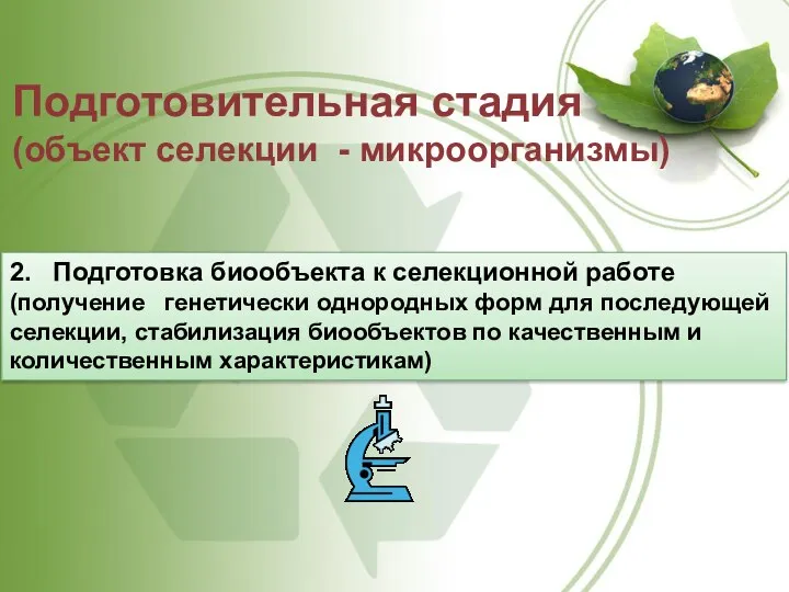 Подготовительная стадия (объект селекции - микроорганизмы) 2. Подготовка биообъекта к селекционной