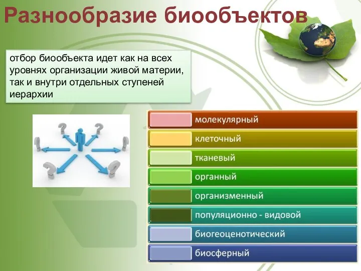 отбор биообъекта идет как на всех уровнях организации живой материи, так