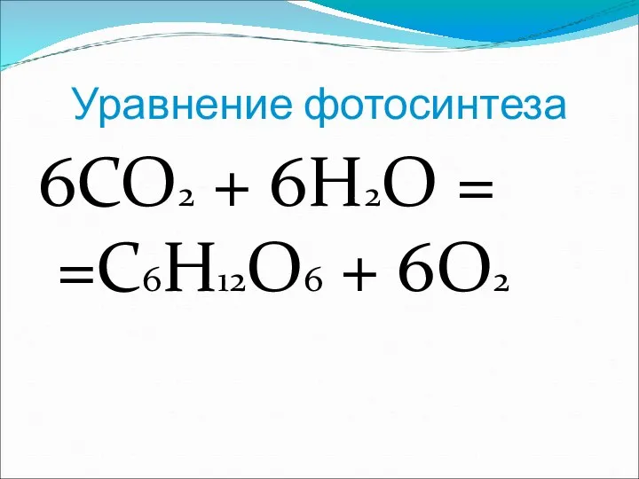 Уравнение фотосинтеза 6CO2 + 6H2O = =C6H12O6 + 6O2