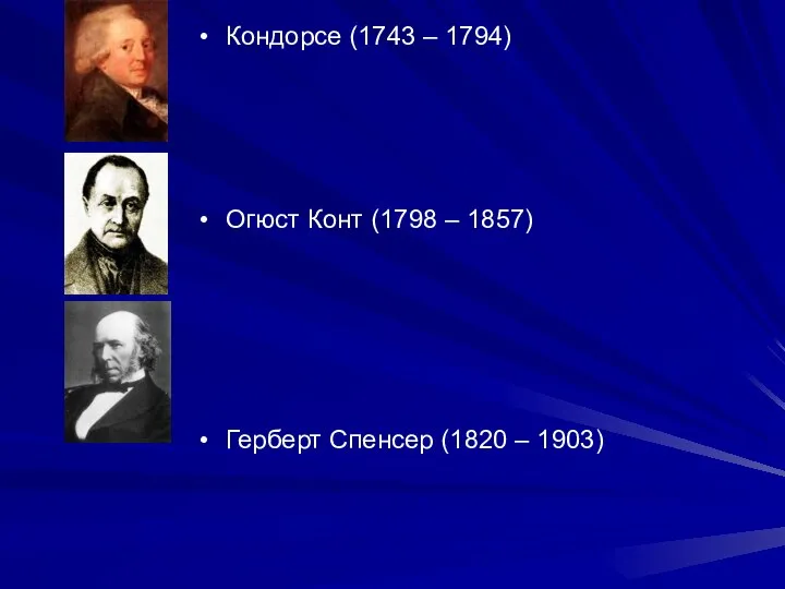 Кондорсе (1743 – 1794) Огюст Конт (1798 – 1857) Герберт Спенсер (1820 – 1903)