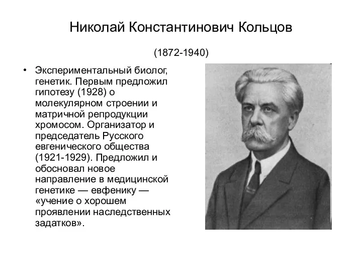 Николай Константинович Кольцов (1872-1940) Экспериментальный биолог, генетик. Первым предложил гипотезу (1928)