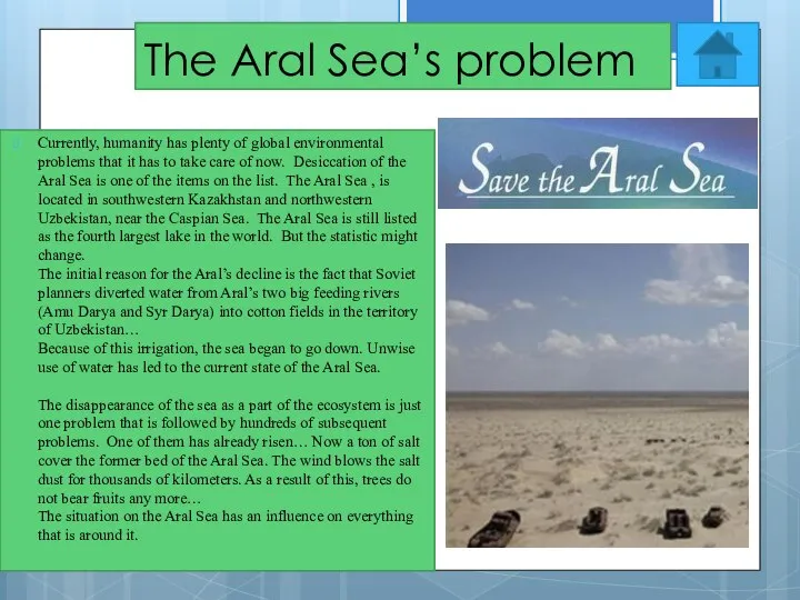 The Aral Sea’s problem Currently, humanity has plenty of global environmental