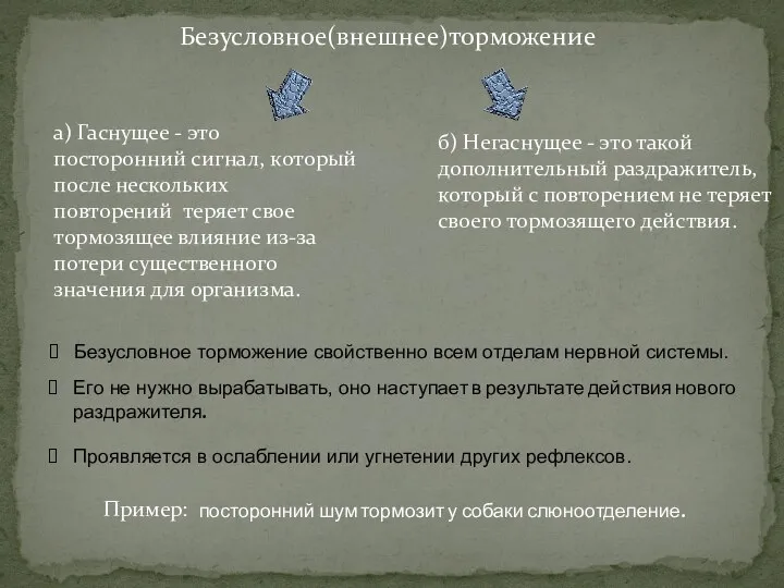 Безусловное(внешнее)торможение Безусловное торможение свойственно всем отделам нервной системы. Его не нужно