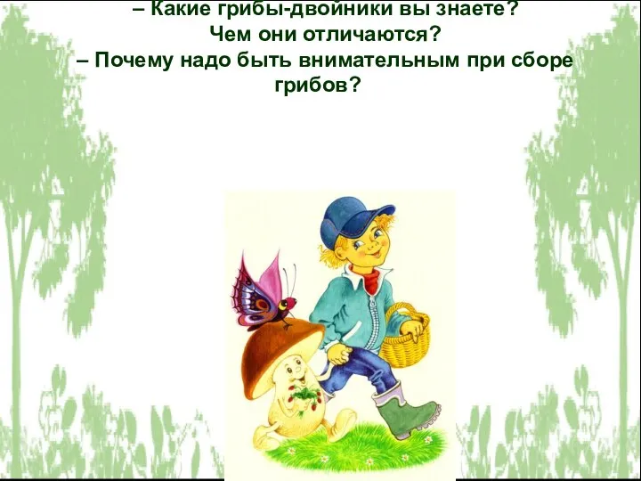 – Какие грибы-двойники вы знаете? Чем они отличаются? – Почему надо быть внимательным при сборе грибов?