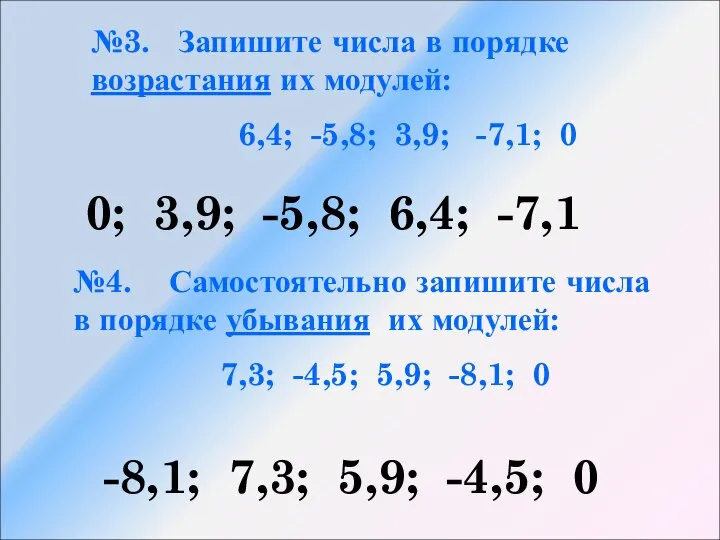 №3. Запишите числа в порядке возрастания их модулей: 6,4; -5,8; 3,9;