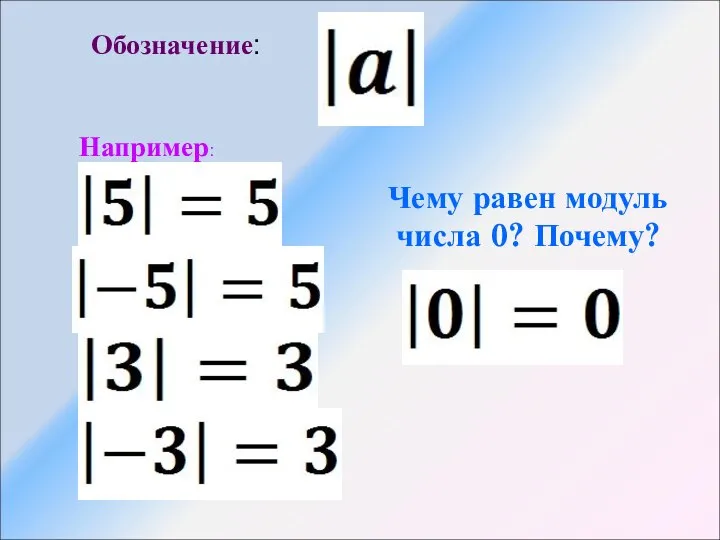 Обозначение: Например: Чему равен модуль числа 0? Почему?