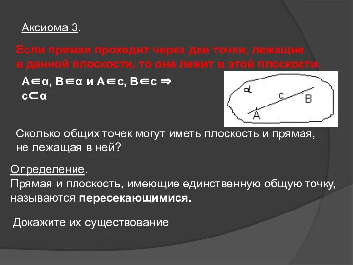 Если прямая проходит через две точки, лежащие в данной плоскости, то