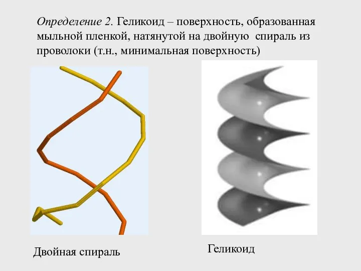 Определение 2. Геликоид – поверхность, образованная мыльной пленкой, натянутой на двойную