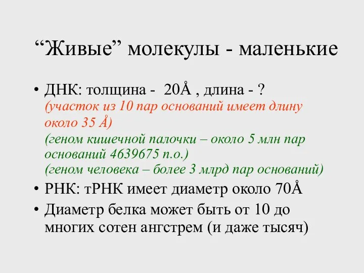 “Живые” молекулы - маленькие ДНК: толщина - 20Å , длина -