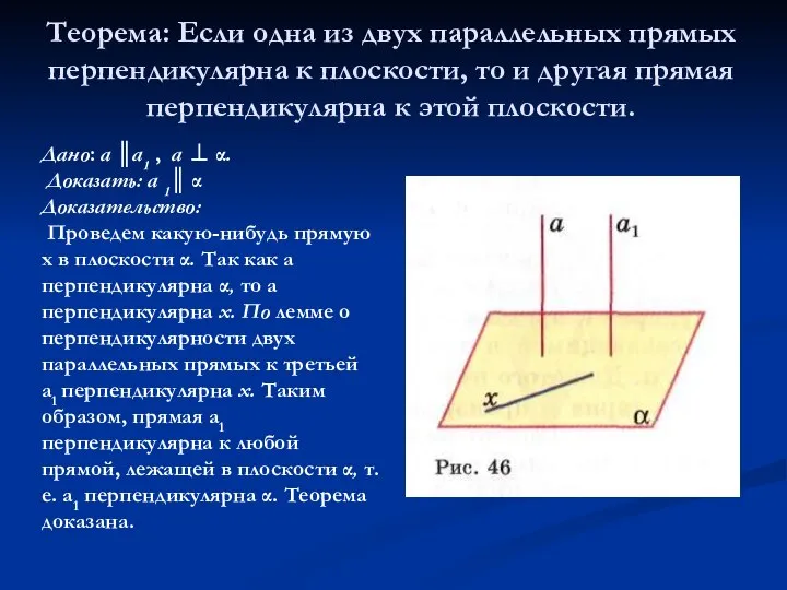 Теорема: Если одна из двух параллельных прямых перпендикулярна к плоскости, то