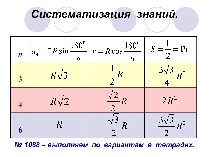 Систематизация знаний. № 1088 – выполняем по вариантам в тетрадях.