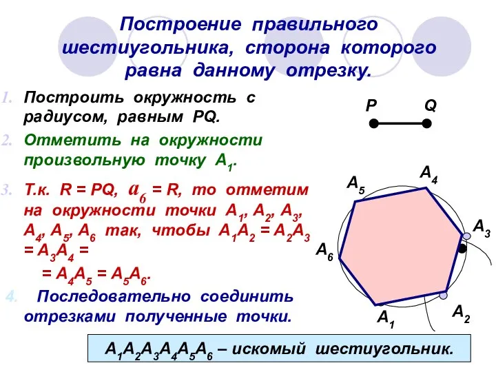 Построение правильного шестиугольника, сторона которого равна данному отрезку. Построить окружность с