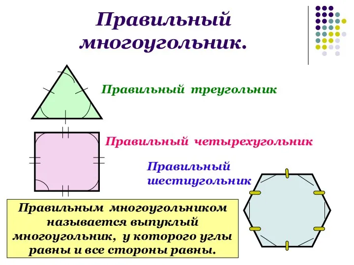 Правильный многоугольник. Правильный треугольник Правильный четырехугольник Правильный шестиугольник Правильным многоугольником называется
