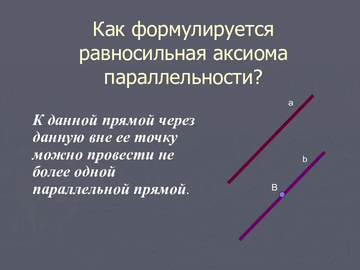 Как формулируется равносильная аксиома параллельности? К данной прямой через данную вне