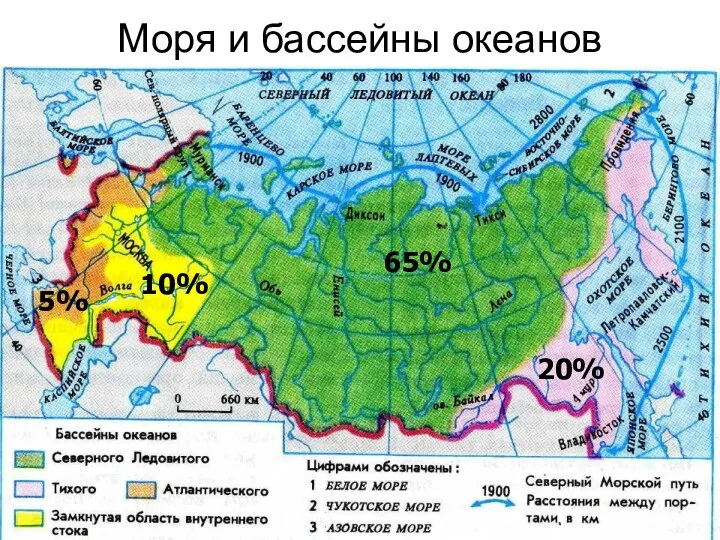 Моря и бассейны океанов 65% 20% 10% 5%