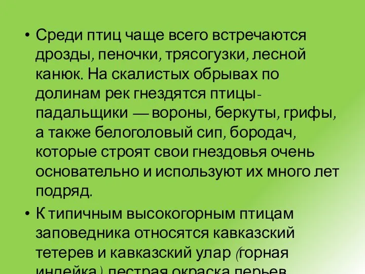 Среди птиц чаще всего встречаются дрозды, пеночки, трясогузки, лесной канюк. На