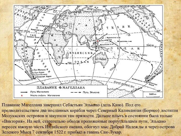 Плавание Магеллана завершил Себастьян Элькано (дель Кано). Под его предводительством два